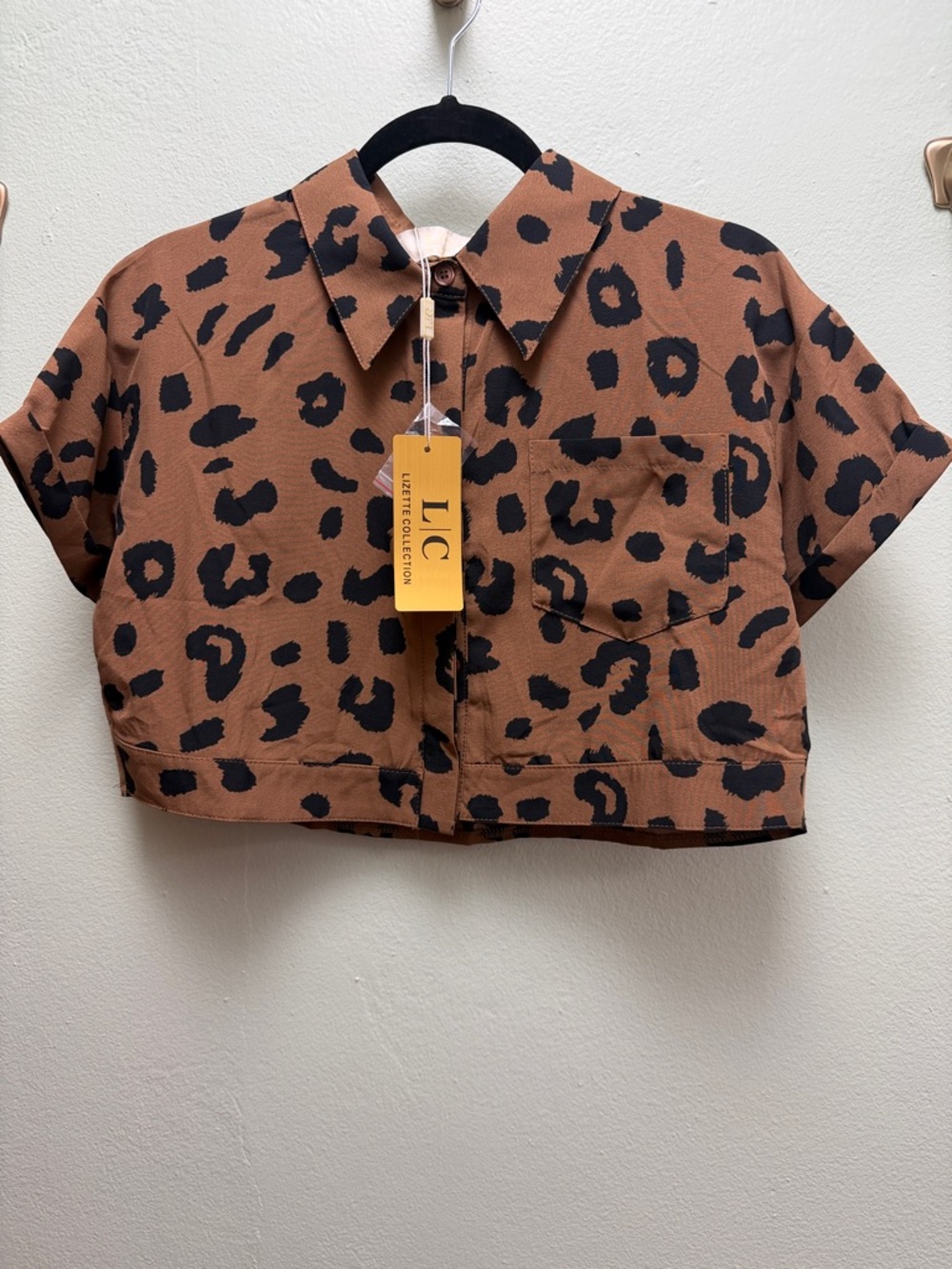 LC Lauren Conrad Cropped Leopard Button-Up in Brown & Black